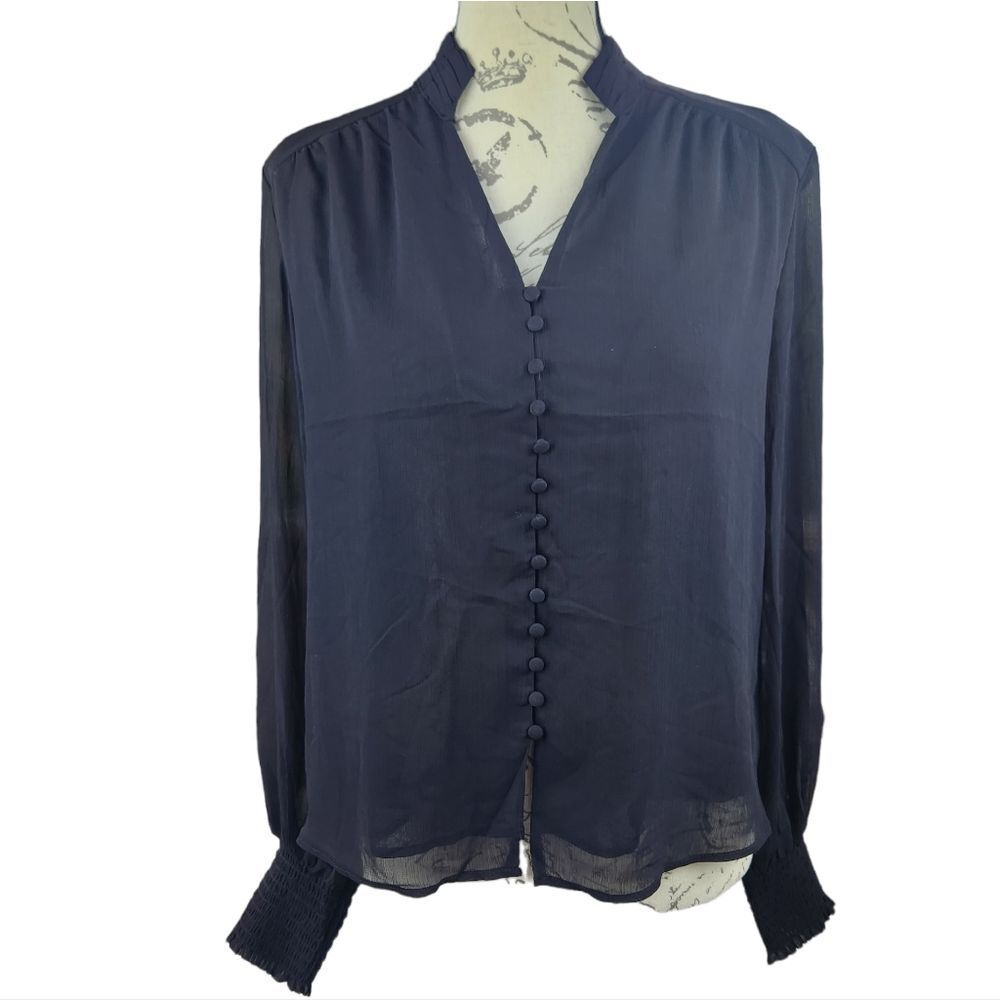 Rachel Zoe -517 Button‎ Front Smocked Cuffs Chiffon Blouse Black V-Neck Small